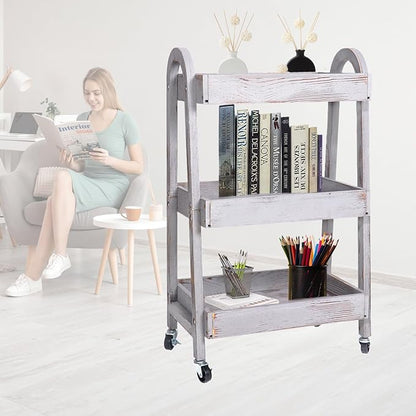 3-Tier Wooden Rolling Cart- Wooden Utility Cart wit Wheels- Utility Rolling Cart-Storage Trolley Organizer- Rolling Kitchen Serving Cart for Office,Kitchen, Kids' Room (Retro Grey)