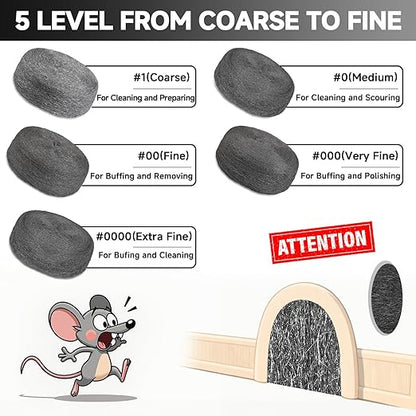 Steel Wool Mice Control, 65FT(1.1LB)#000 Steel Wool, Keep Mouse Away from Holes, Barrier and Gap Filler for Home, Wall, Garden, Kitchen, Pipeline in Garage, Very Fine