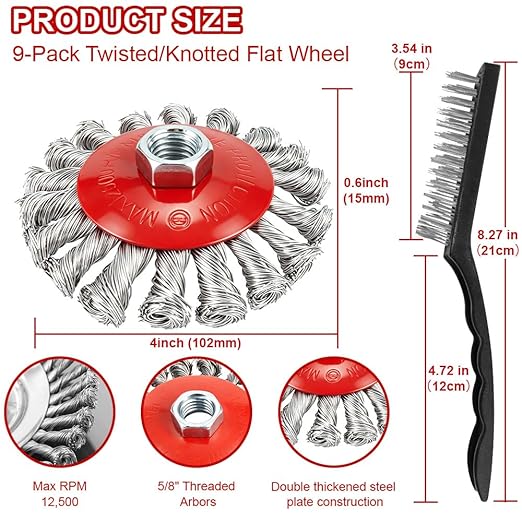 9 Pack Wire Wheel Brush for Angle Grinder, Wire Wheels Attachment for 4-1/2" Angle Grinders, Screws on 5/8” Thread, 4 Inch Knotted Twist Carbon Steel Brush Set for Rust, Paint & Metal Removal