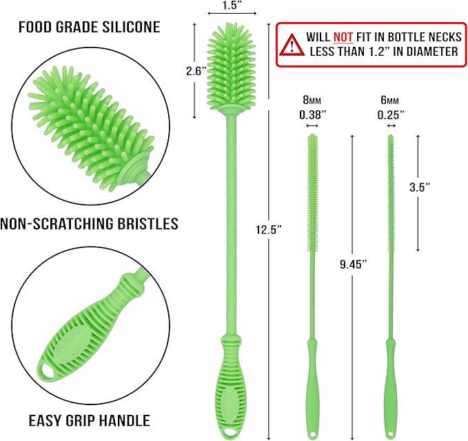 Kitchiny Silicone Bottle Brush with 2 Straw Cleaners - 12.5” Water Bottle Cleaner Brush for Yeti, Hydro Flask, Owala, Stanley, Baby Bottles, Glassware, Vases & Narrow Neck Containers - Green