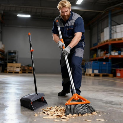 CLEANHOME Heavy Duty Broom with Dustpan Combo Set Indoor and Outdoor Dual Purpose,Stiff Bristle Commercial Angle Broom and Standing Dust Pans with Long Handle for Sweeping Home,Kitchen,Yard,Grey