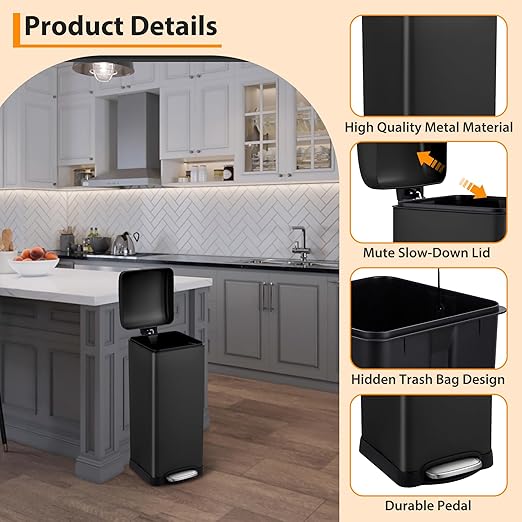 Garvee 8 gal/30 L Kitchen Trash Can, Fingerprint-Proof Stainless Steel Garbage Can with Soft-Close Lid, Recycle Bin with Removable Inner Buckets and Foot Pedal for Office Bedroom Bathroom, Black
