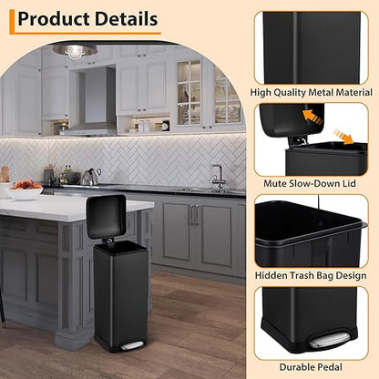 Garvee 8 gal/30 L Kitchen Trash Can, Fingerprint-Proof Stainless Steel Garbage Can with Soft-Close Lid, Recycle Bin with Removable Inner Buckets and Foot Pedal for Office Bedroom Bathroom, Black