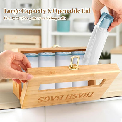 Trash Bag Holder Dispenser - Bamboo Garbage Bag Organizer Wall Mount for Kitchen Cabinet, Extra Large Hanging Trash Bag Roll Storage Container with Lid under Sink