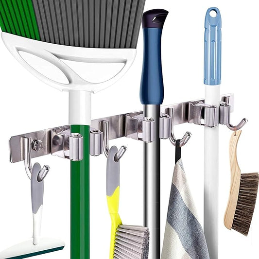 Broom Mop Holder Wall Mount Broom Hanger Wall Mounted Metal Organization Garage Storage Garden Kitchen Tool Organizer With 4 Racks and 5 Hooks (Silver, 1 Pack 3R4H)…
