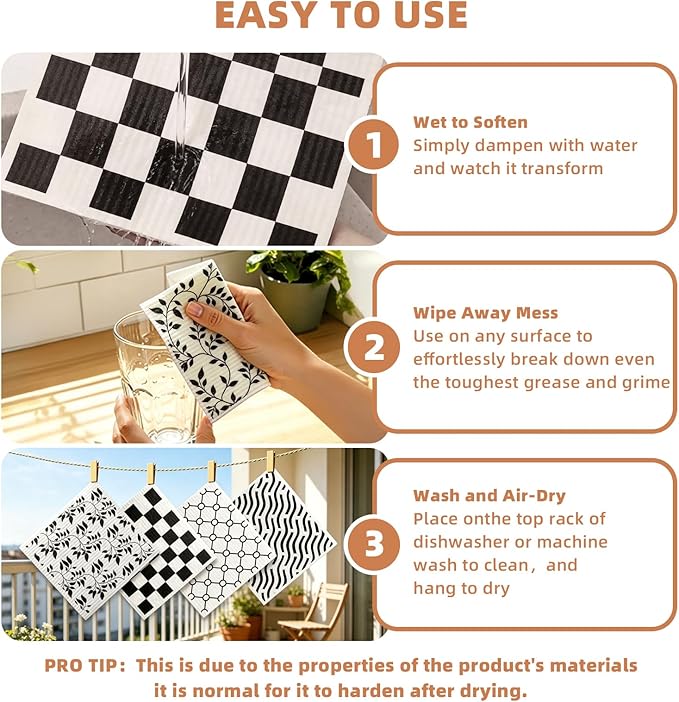 Swedish Dishcloths for Kitchen - 4 Pack Geometric Pattern Reusable Paper Towels, Non-Scratch Cellulose Cloths, No Odor, Biodegradable Cleaning Cloths