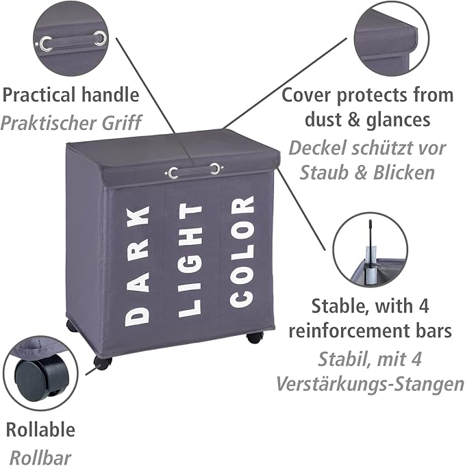 WENKO Trivo Basket, Laundry Sorter, with Lid, Hamper, Laundry Bin, 3 Section, 3 Bag, Room Storage, 30.64 gallon/22" x 23.6" x 13.8", Grey