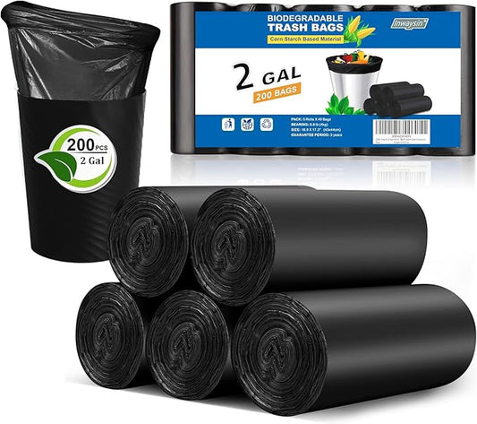 200-Count 2 Gallon Garbage Bags - Unscented Black Compostable Small Trash Bag Waterproof Strong Thick Mini Wastebasket Liners Recyclable for Home/Bathroom Use Inwaysin