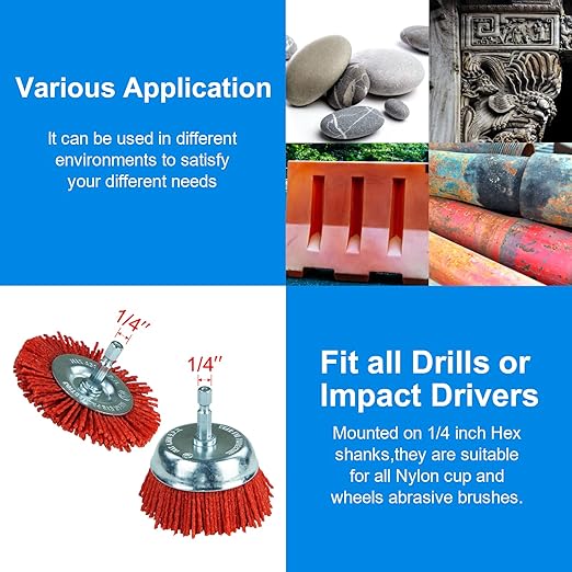 SALI 10 Pack Nylon Filament Abrasive Wire Brush Wheel & Cup Brush Set with 1/4 Inch Hex Shank, 4 Sizes Nylon Drill Brush Set for Removal of Rust Corrosion Paint