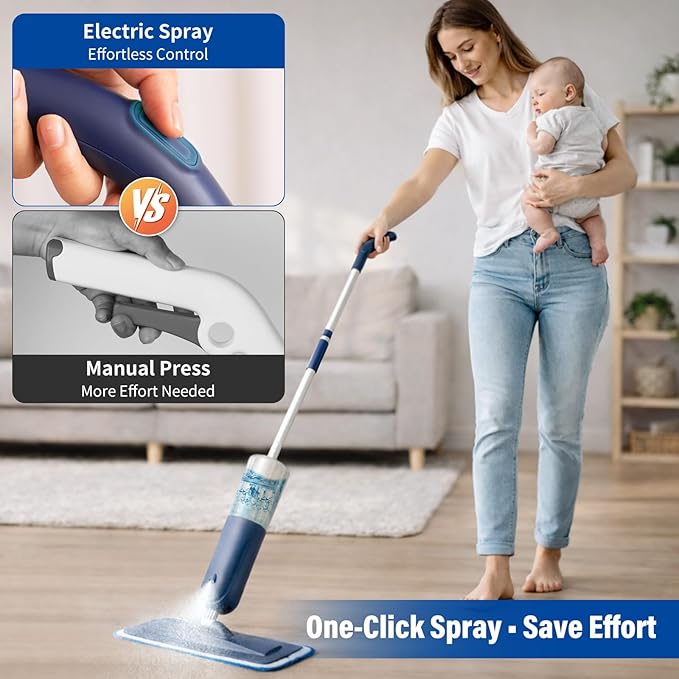 PowerMop for Floor Cleaning with 2 Washable Pads - Wet Dry Microfiber Mop with 720 ml Refillable Bottle for Kitchen Wood Floor Hardwood Laminate Ceramic Tiles Floors Dust Cleaning