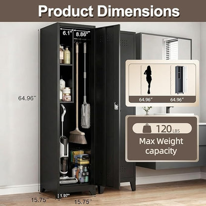 Slim Broom Closet Storage Cabinet, Black Metal Cabinets with Lock and & S-Hooks, Cleaning Supply Cabinet, Utility Closet Cabinets for Garage, Office, Gym