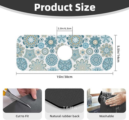 Mandala Boho Blue Flower 15" X 5.5" Kitchen Sink Splash Guard Faucet Faucet Guard Draining Mat Sink Splash Guard Faucet Kitchen Bathroom