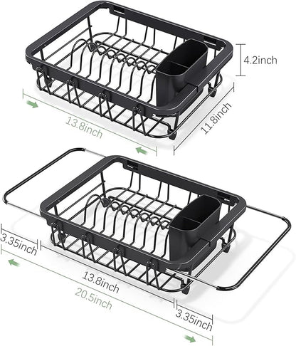 Urackify Expandable Dish Drying Rack Over The Sink, Adjustable Dish Rack in Sink, Rustproof Dish Drainer for Kitchen Counter, Dish Strainer with Utensil Holder, Black