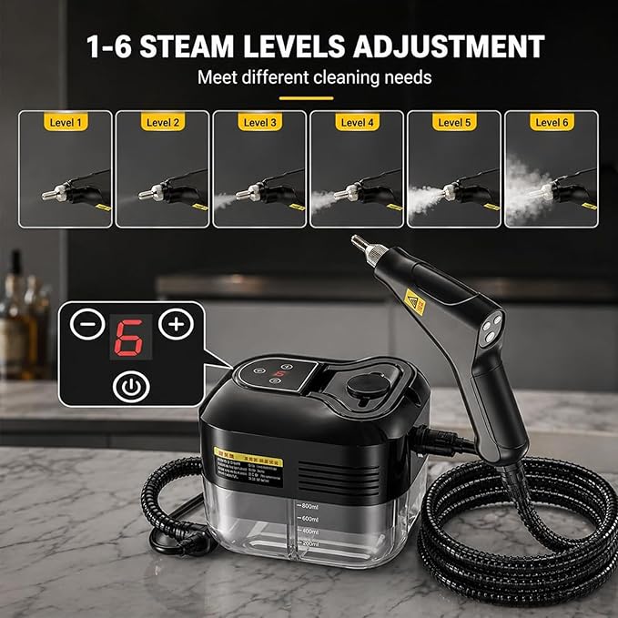 2500W Handheld High-Temperature Pressurized Steam Cleaner, Professional 6 Adjustable Handheld Steam Cleaner, Steam Cleaner For Car, Kitchen, Bathroom, Furniture, Windows (Black)