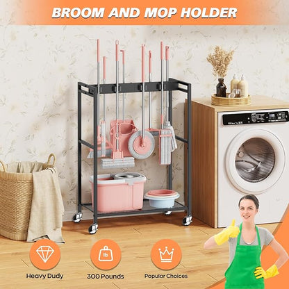 Broom and Mop Holder, MUNNAR Broom Closet Storage Cabinet, Cleaning Cart with Broom and Mop Hanger, Janitorial Cart with Wheels for Household, Laundry Room Organization