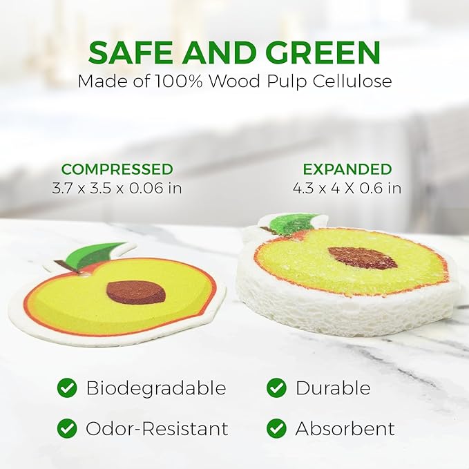 AIRNEX Compressed Cellulose Sponges - 12 Pack Fruit Shaped Natural Pop Up Dish Sponge for Kitchen - Compostable, Plant-Based, Non Scratch Cleaning Sponges Bulk for Dishes & Household Cleaning