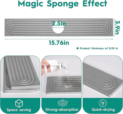 16 Inch Stone Faucet Mat for Kitchen Sink,Kitchen Sink Splash Guard-Water Absorbing Stone Tray for Sink,Super Absorbent, Diatomite Protector with Drainage for Kitchen Bathroom Counter(Light Grey）