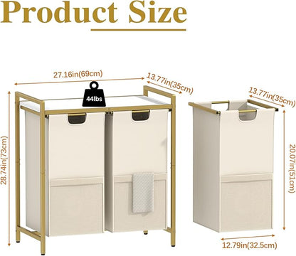 Huhote Laundry Hamper, double Laundry Basket, Laundry Sorter with Top Shelf & 2 Removable Washable Bags & Side Pockets for Laundry Room organization, Bathroom and Dorm, Gold and White