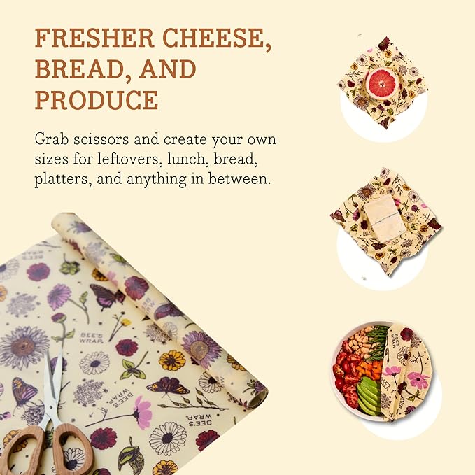 Bee's Wrap Vegan Beeswax Wraps for Food - Cut to Size 14x52" Beeswax Wrap Roll - Plastic Free Made in USA Reusable Natural Food Wrap - Meadow Magic