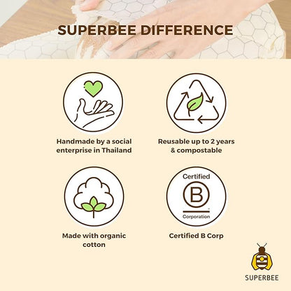 SUPERBEE Beeswax Wrap for Food, Set of 3 Bees Wax Wraps, Reusable for Wrapping Vegetables, Cheese Paper, Bowl Covers and Sandwich Wrapping Paper, Beeswax Food Wrap (Jungle)
