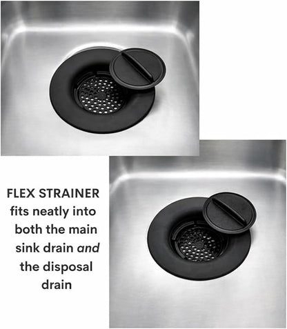 Flex Strainer® Sink Drain Strainer with Optional Stopper – No Center Stem, Fits Standard 3½” Sink Drains & Disposals – Easy Clean, Dishwasher Safe – Made in USA (Black, 3pc)