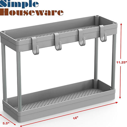Simple Houseware 2-Tier Under Sink Organizer Storage Tray with Hooks, Grey