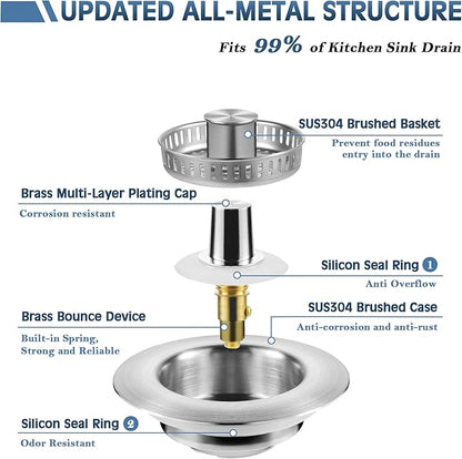Kitchen Sink Drain Strainer 3 in 1, 304 Stainless Steel Pop Up Sink Stopper, Anti-Clogging Sink Drain Strainer for US Standard Kitchen Drain (SUS304 Brushed)