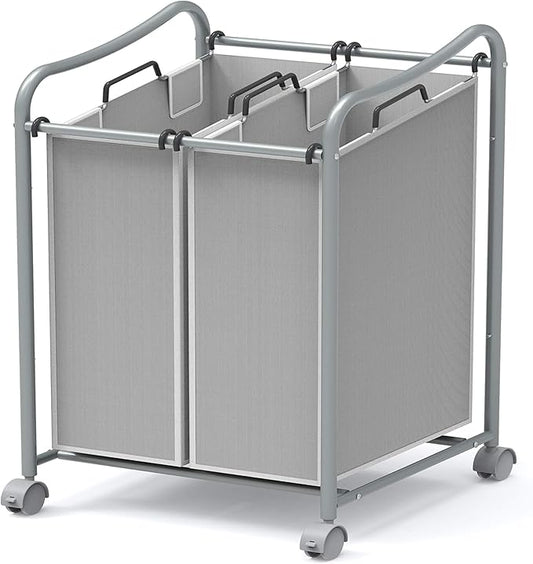 Simple Houseware 2-Bag Heavy Duty Rolling Laundry Sorter Cart, Silver – 2 Section Removable Bags and Lockable Wheels for Laundry Room Organization