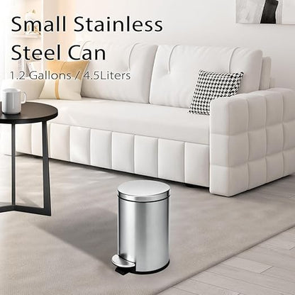 TIPGO Small Trash Can with Lid Soft Close, 4.5 Liters / 1.2 Gallon Bathroom Garbage Can, Mini Step Trash Bin, Stainless Steel Wastebasket for Bathroom, Bedroom, Office (Silver)