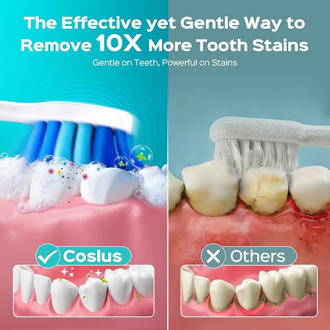 COSLUS C30 Electric Toothbrush for Adults & Kids: 3 Intensities & 5 Modes for Effective Yet Gentle Ultra-Clean Feel, 2 Types of Heads for Gentle & Daily Care, Travel & Home Use, Green, 1PC