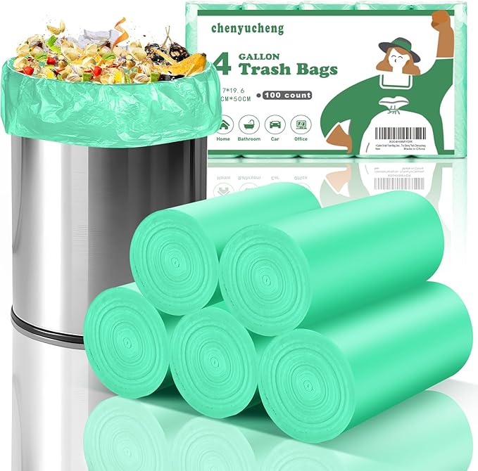 4 Gallon Small-Trash-Bag Unscented Bathroom Biodegradable - Mini Garbage Can Bags Green Compostable Kitchen Office Car Waste Basket Liners 100 count Tiny Strong Thick Chenyucheng
