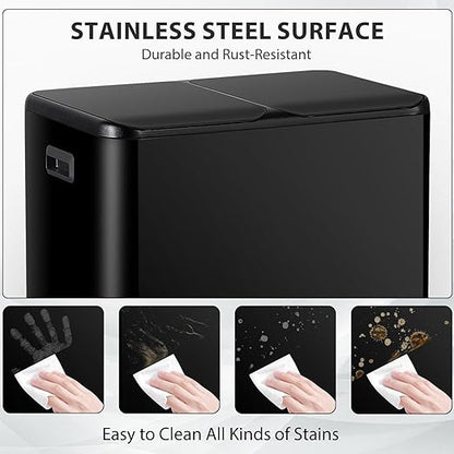 SUPER DEAL Kitchen Trash Can, 16 Gallon 60L Dual Garbage and Recycling Can with Foot Pedal for Kitchen, Living Room, Office, Removable Inner Buckets Soft Close Lid Odor Proof, Stainless Steel, Black