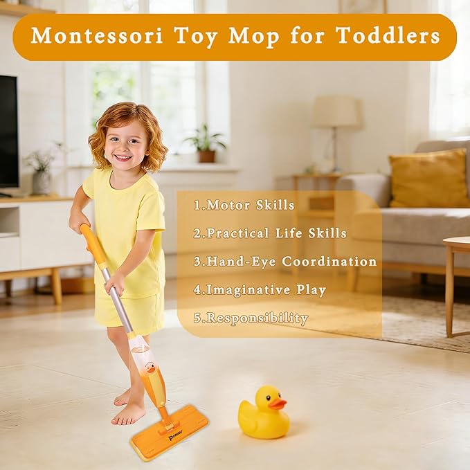 2PACK Kids Mops-Real Spray, No Batteries| Compatible with Disaposable Duster| Montessori Toys for Toddlers Age 2-5 Year Old, Kitchen Cleaning Set Gifts for Boys Girls (4 Microfiber Pads)