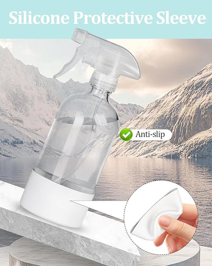 2 Pack 360° Glass Spray Bottles with Silicone Sleeve, 16 oz Empty Refillable Containers with Adjustable Spray Nozzles, Spray Bottles for Hair, Cleaning Solutions and Plants White