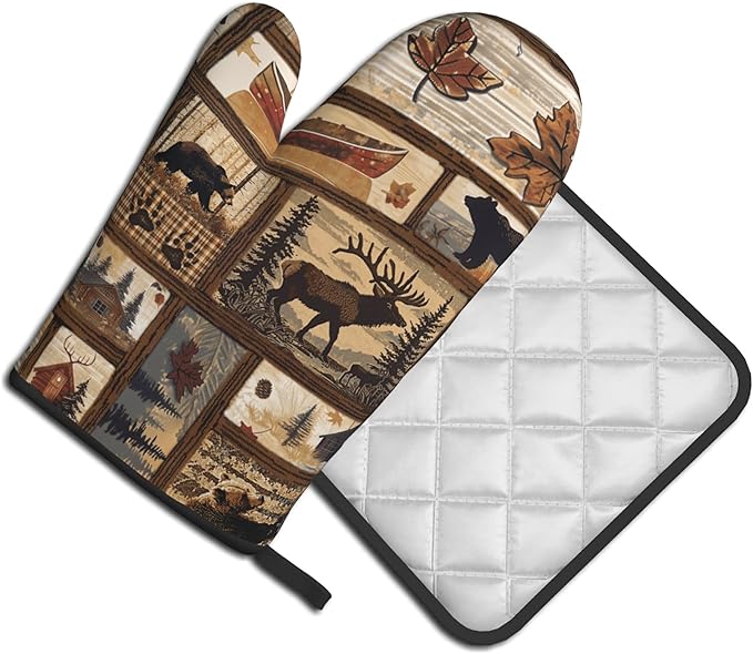 Rustic Lodge Pot Holders and Oven Mitts - Bear Moose Forest Oven Glove Hot Pads for Kitchen Chef Gifts for Cooking Lover Cooks