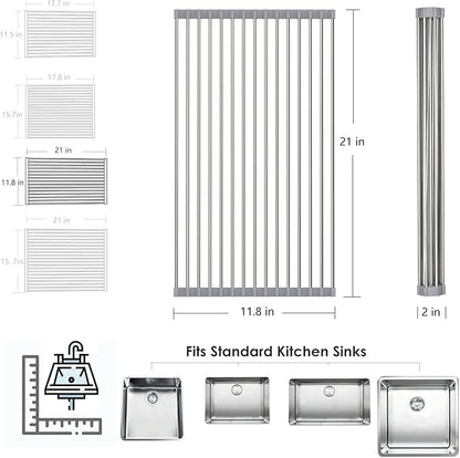 Tomorotec Roll Up Dish Drying Rack Over the Sink Grey Large Dish Drying Rack Rolling Foldable Collapsible SUS304 Stainless Steel Multipurpose Dish Drainer for Kitchen Counter (21”x11.8”)