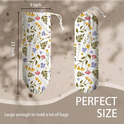 Weeds Plastic Bag Holder, Reusable Washable Shopping Bags Storage Carrier, Floral Fabric Garbage Trash Bag Dispenser for Home Kitchen Pantry Cabinet, Wall Mount, Kitchen Housewarming Gifts