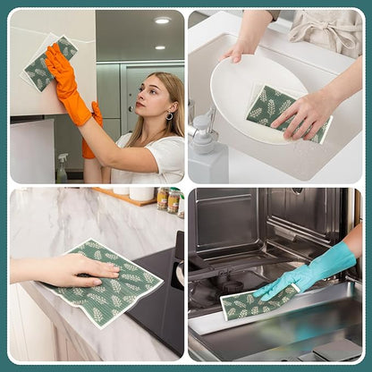 Green Swedish Dishcloths for Kitchen, 6 PCS Swedish Dish Cloths, Super Absorbent Washable Reusable Floral Cloths Dish Towel, No Odor Cellulose Sponge (Dark-Green)