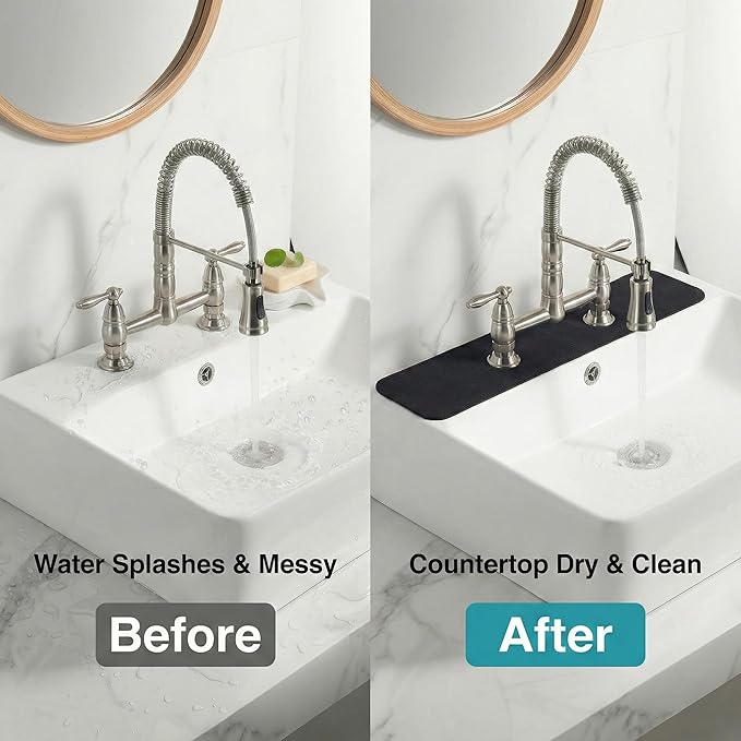 Faucet Mat for Kitchen Sink 2 Holes: 23.5’’Lx4.5’’W Splash Guard Fits 8 Inch Widespread Farmhouse Vintage Bathroom Dual Handle Faucet - Cuttable Counter Protector Drip Catcher for Irregular Sink