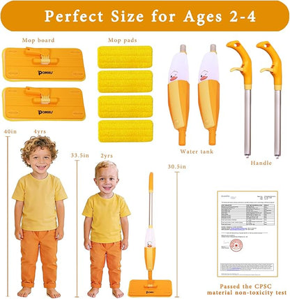 2PACK Kids Mops-Real Spray, No Batteries| Compatible with Disaposable Duster| Montessori Toys for Toddlers Age 2-5 Year Old, Kitchen Cleaning Set Gifts for Boys Girls (4 Microfiber Pads)