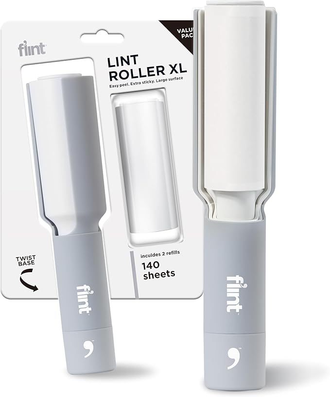 Flint Plus XL Retractable Lint Remover & Pet Hair Roller for Clothes – Refillable & Reusable Lint Roller with 140 Extra Sticky Tear-Off Sheets – Value Pack, Light Grey