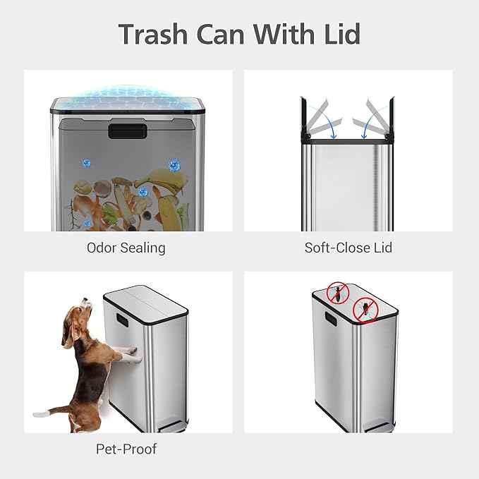 GarveeHome 14.8 gal Dual Compartment Step Trash Can, Stainless Steel Kitchen Bin with Butterfly Lid & Foot Pedal, 2x7.4 gal Removable Buckets for Easy Waste and Recycling, Silver
