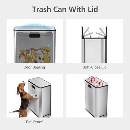 GarveeHome 14.8 gal Dual Compartment Step Trash Can, Stainless Steel Kitchen Bin with Butterfly Lid & Foot Pedal, 2x7.4 gal Removable Buckets for Easy Waste and Recycling, Silver