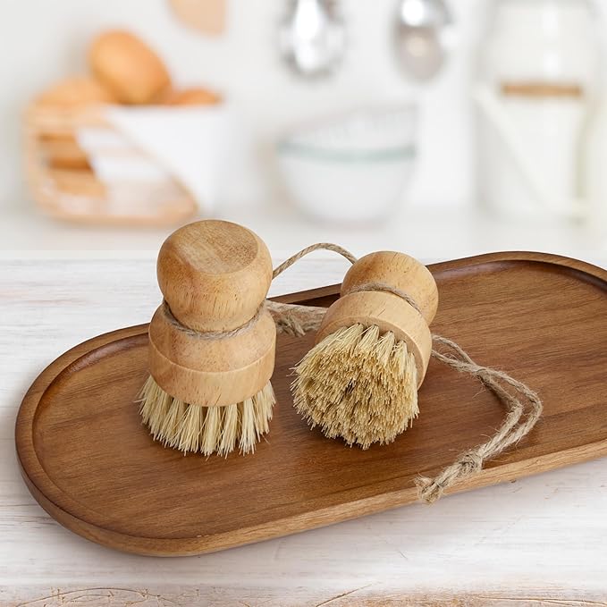 12 Pcs Bamboo Dish Brush, Wooden Bamboo Dish Scrub Brushes, Round Wooden Dishwashing Brush Sisal Bristles for Pan Pot Sink Kitchen Cleaning