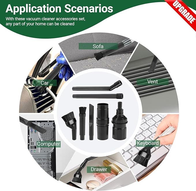 EZ SPARES Vacuum Crevice Attachment Kit,Micro Cleaning Tools for Car, Keyboard, Vents & Tight Spaces, Compatible with Most 1-1/4 Inch Hose Vacuums,Odor-Free (with A Storage Bag)