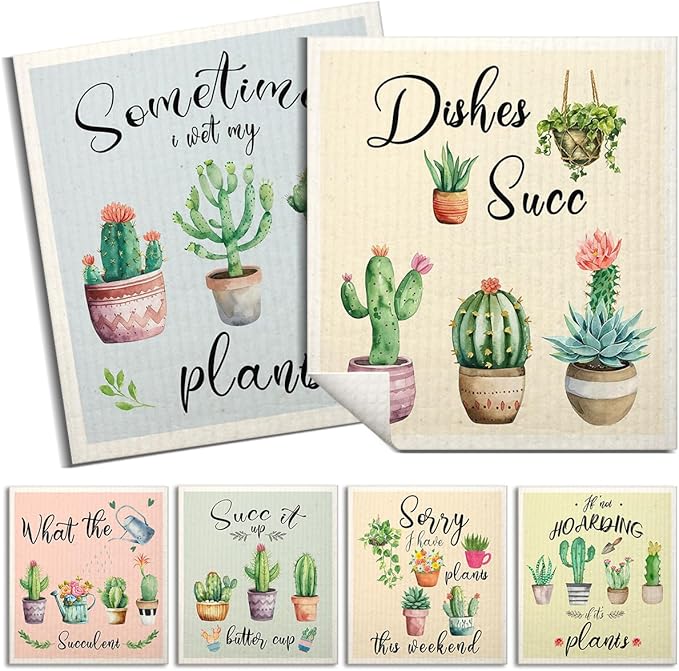 Swedish Dishcloths for Kitchen | 6 Pack Floral Reusable Paper Towels Washable | Swedish Dish Towels | Non-Scratch Cellulose Sponge Cloths | No Odor, Biodegradable Cleaning Cloths, Cactus
