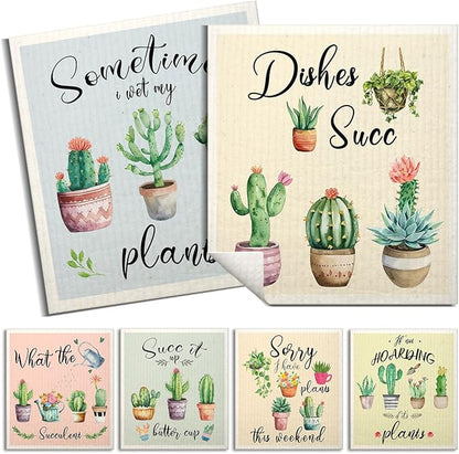 Swedish Dishcloths for Kitchen | 6 Pack Floral Reusable Paper Towels Washable | Swedish Dish Towels | Non-Scratch Cellulose Sponge Cloths | No Odor, Biodegradable Cleaning Cloths, Cactus