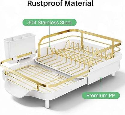SNTD Dish Drying Rack, Expandable Dish Rack for Kitchen Counter, Stainless Steel Dish Drainer with Drainboard Set and Utensil Holder (Gold)