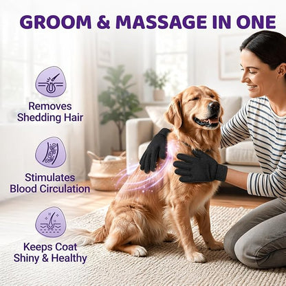 Pet Hair Remover Roller with 2 Grooming Gloves – Reusable Lint Remover for Dogs and Cats (Purple)