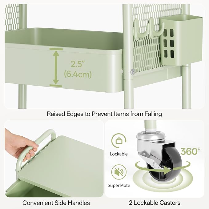 Rolling cart with Drawers - 3 Tier Metal Multifunctional Storage Organizors on Wheels with Tabletop, Hooks & Basket, Sturdy Craft & Art Cart for Bathroom, Bedroom, Children Room, Green